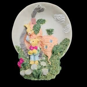 Vintage Bunny Rabbit Carrot House Figurine Plaque Easter Spring Decor